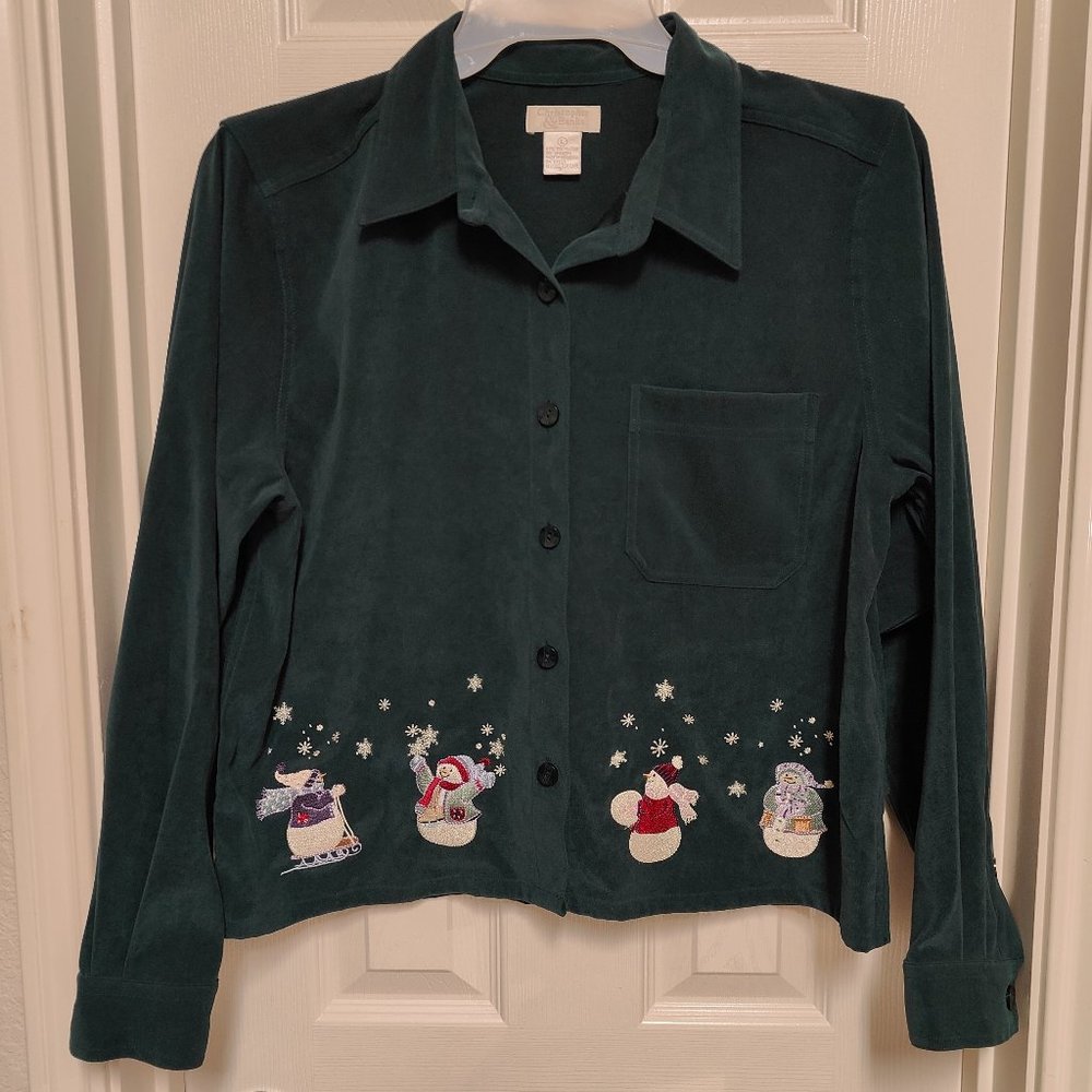 Christopher & Banks Women's Vintage Green Snowman Button Front Top Size L